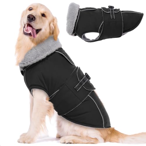 Lelepet Warmer Hundemantel, Reflektierende Hundefleeceweste Wasserdicht Hundejacke Winddicht Wintermantel, Hund Kaltwettermantel mit Verstellbarer Schnalle Fleecefutter Hund Schneeanzug (Schwarz, 2XL) von LeLePet