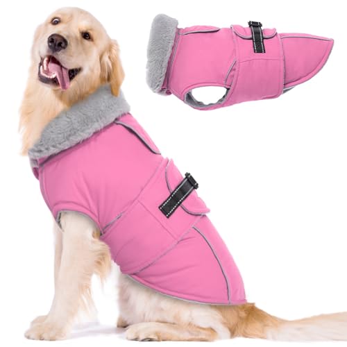 Lelepet Warmer Hundemantel, Reflektierende Hundefleeceweste Wasserdicht Hundejacke Winddicht Wintermantel, Hund Kaltwettermantel mit Verstellbarer Schnalle Fleecefutter Hund Schneeanzug (Rosa, 3XL) von LeLePet