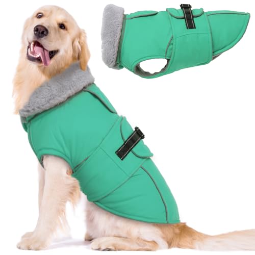 Lelepet Warmer Hundemantel, Reflektierende Hundefleeceweste Wasserdicht Hundejacke Winddicht Wintermantel, Hund Kaltwettermantel mit Verstellbarer Schnalle Fleecefutter Hund Schneeanzug (Grün, 3XL) von LeLePet