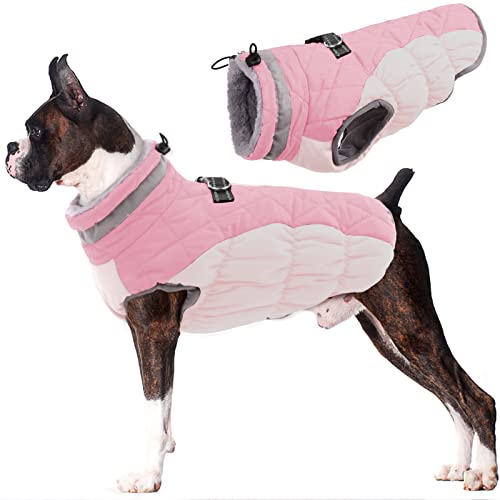 Lelepet Wasserdicht Hundemantel, Winter Winddicht Hundejacke mit Geschirr, Warme Reflektierend Schneeanzug Winterweste, Kaltes Wetter Hundepullover für Kleine Mittlere Große Hunde (Rosa, 2XL) von LeLePet