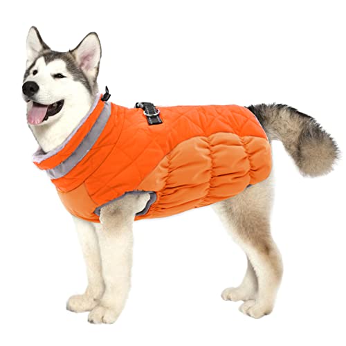 Lelepet Wasserdicht Hundemantel, Winter Winddicht Hundejacke mit Geschirr, Warme Reflektierend Schneeanzug Winterweste, Kaltes Wetter Hundepullover für Kleine Mittlere Große Hunde (Orange, 3XL) von LeLePet