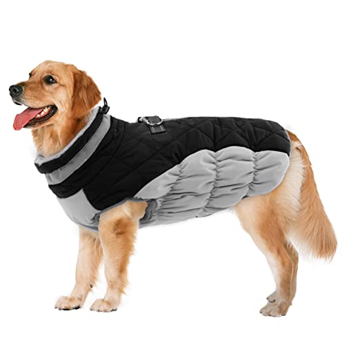 Lelepet Wasserdicht Hundemantel, Winter Winddicht Hundejacke mit Geschirr, Warme Reflektierend Schneeanzug Winterweste, Kaltes Wetter Hundepullover für Kleine Mittlere Große Hunde (Schwarz, 2XL) von LeLePet