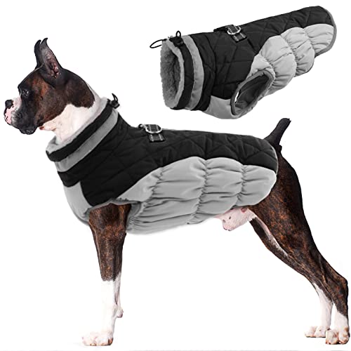 Lelepet Wasserdicht Hundemantel, Winter Winddicht Hundejacke mit Geschirr, Warme Reflektierend Schneeanzug Winterweste, Kaltes Wetter Hundepullover für Kleine Mittlere Große Hunde (Schwarz, L) von LeLePet