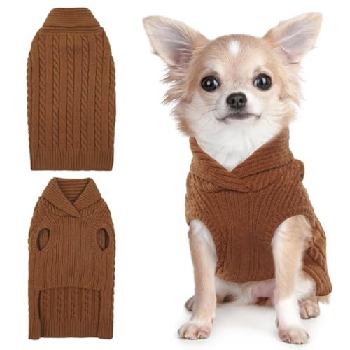 Lelepet Winter Hundepullover, Weich Warm Weihnachtspullover für Kleine Hunde, Hundepulli Stricken mit Revers Pullover Haustier Sweater, Weihnachten Hundemantel Kaltes Wetter Bekleidung, Braun XS von LeLePet