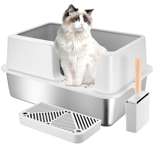 LeadGoods Große Edelstahl Katzenklo,XXL Offene Edelstahl Katzentoilette，60*40*29CM，Katzenklo Groß，Geschlossenes Design mit hohen Wandkanten, antihaftbeschichtet, auslaufsicher und leicht zu reinigen von LeadGoods