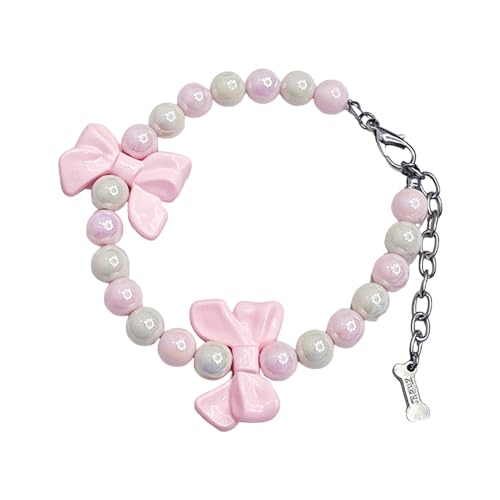 Haustier-Halskette für Hunde, verstellbar, rosa Schleife, Schmuck, weibliches Welpenhalsband mit künstlicher Perlendekoration, Haustierwelpenschmuck von Leadthin