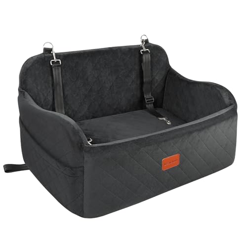 Lealchum Großer Hundeautositz, Memory Foam Cushion Autositz für 2 kleine Hunde, Auto-Hundebett mit Seitentasche und 3 Clip-On-Sicherheitsleinen, Einfach zu installierender Hundesitz Auto (Black,Large) von Lealchum