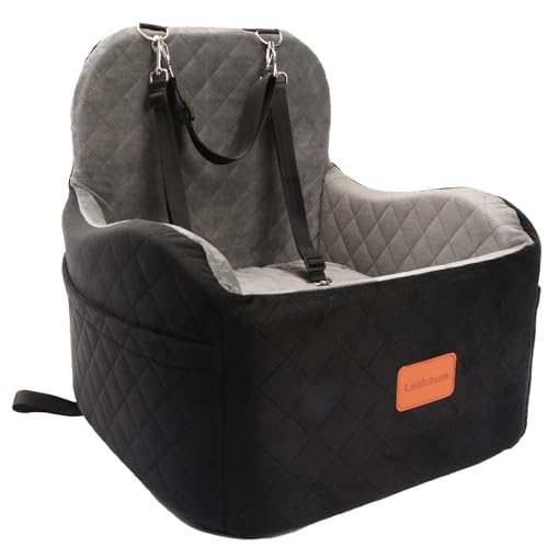 Lealchum Hund Booster Autositz für kleine/mittlere Hunde, Memory Foam erhöhte Kissen Hundeautositz,abnehmbar und waschbar Haustier tragbare Autositz mit 2 Clip-On Sicherheitsleinen(Black/Grey, Medium) von Lealchum