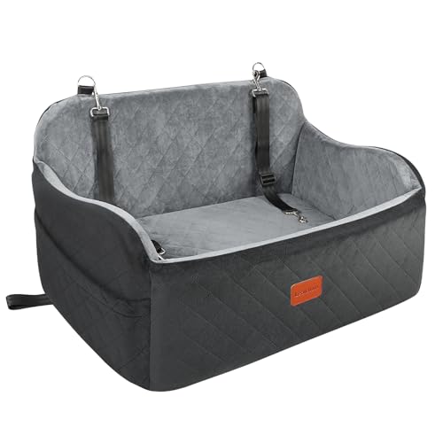 Lealchum Hundeautositz bis zu 55 lb, 2 Clip-On Sicherheitsleinen verstellbares Hundebett für 2 kleine Hunde, Abnehmbarer und waschbarer Haustier-Autositz mit 2 Aufbewahrungstaschen(Black/Grey, Large) von Lealchum