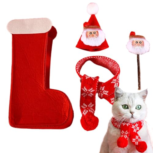 LearnLyrics Katzen-Weihnachtskostüm,Weihnachtskatzenschal - Kostüm Outfit Katze Weihnachtsmütze und Schal - Katzen-Weihnachtskostüm-Dekoration, Weihnachts-Haustier-Outfits, Kleidung für Kätzchen, von LearnLyrics