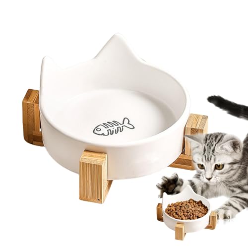 LearnLyrics Keramik-Katzen-Futternapf, Wassernapf für Hunde und Katzen, niedlicher Wassernapf mit Holzständer, rutschfester Katzenschüssel für Futter und Wasser von LearnLyrics