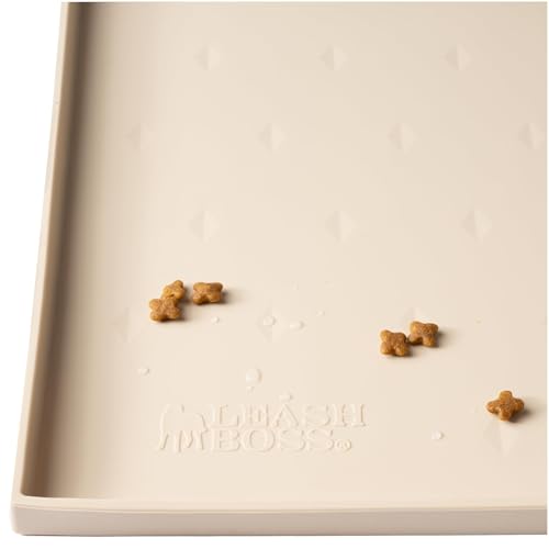 Leashboss Splash Mat Hundefuttermatte mit hoher Lippe, Hundenapfmatte für Futter und Wasser oder Brunnen, rutschfeste, wasserdichte Silikontierfuttermatte für Hunde und Katzen (64 x 43 cm, Beige) von Leash Boss