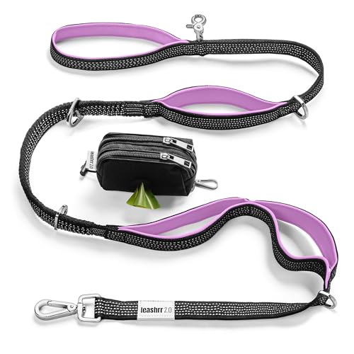 Leashrr 2.0 Hundeleine, robust, Bungee, 1,8 m, mit 4 gepolsterten Griffen, starke Clips + Ringe, ultra-reflektierend, Leckerli-Tasche für Hunde + Kotbeutelhalter, Violett von Leashrr 2.0