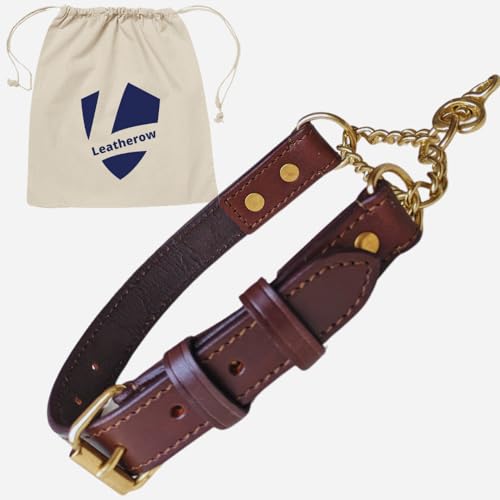 Leatherow Martingale-Hundehalsband aus Leder, weich, kein Ziehen, massive Messingkette, begrenzte Kette, Trainingshalsband. Für große, mittelgroße und kleine Hunde (M, Dunkelbraun) von Leatherow