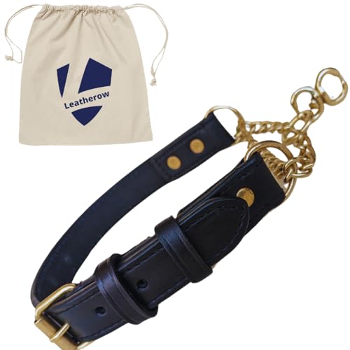 Leatherow Martingale-Hundehalsband aus Leder, weich, kein Ziehen, massive Messingkette, begrenzte Kette, Trainingshalsband. Für große, mittelgroße und kleine Hunde (M, Schwarz) von Leatherow