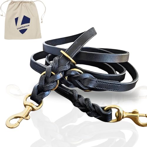 Leatherow Multifunktionale 2,4 m lange Leder-Hundeleine, echtes Leder, freihändige Leine, Hundetrainingsleine für kleine, mittelgroße und große Hunde, Schwarz, 2,4 m von Leatherow