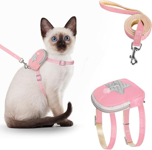 Katzengeschirr und Leine Set, Verstellbares Ausbruchsicheres Geschirr mit Rucksack für Kleine, Mittlere und Große Katzen (Rosa, L) von Ledander