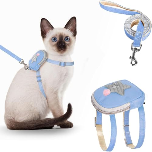 Katzengeschirr und Leine Set, Verstellbares Ausbruchsicheres Geschirr mit Rucksack für Kleine, Mittlere und Große Katzen (blau, L) von Ledander