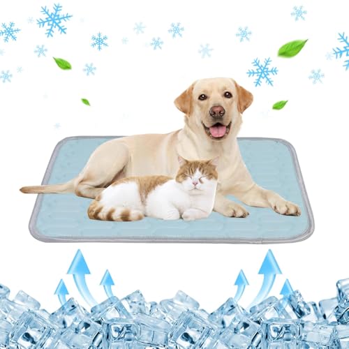 Ledander Haustier Kühlmatte für Hunde Katzen - Eisseide rutschfeste Kühlkissen, weiche und waschbare Sommermatte für Haustiere (Blau, M (70 * 50 cm) von Ledander