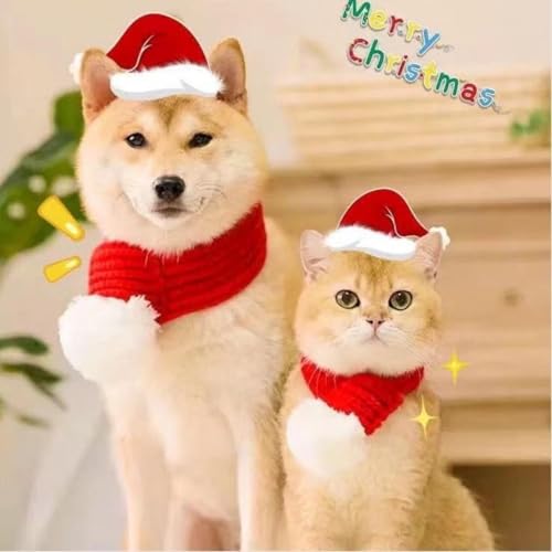 Weihnachtlicher Hundestrickschal mit Weißem Pompon, Warme Bandana Winter Haustier Zubehör, Katzenschal für Kleine bis Mittelgroße Hunde und Katzen, Niedliche Winter Outfits (Rot) von Ledander