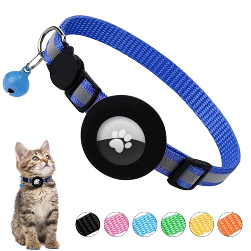 Ledeak Airtag Katzenhalsband mit Glocke, Reflektierend Katzenhalsband GPS AirTag Kompatibel, Katzen Halsband mit Airtag Hülle und Sicherheitsverschluss, Cat Collar für Kätzchen Katze (Blau) von Ledeak