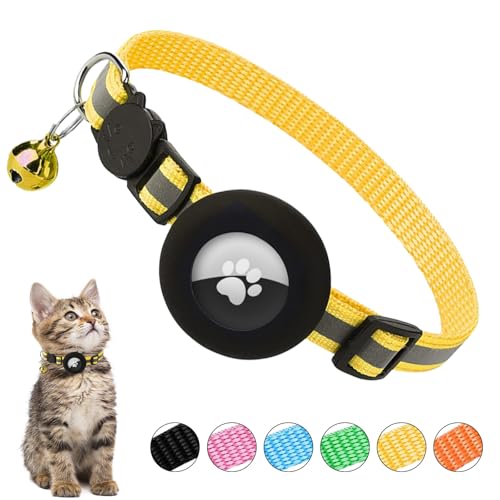 Ledeak Airtag Katzenhalsband mit Glocke, Reflektierend Katzenhalsband GPS AirTag Kompatibel, Katzen Halsband mit Airtag Hülle und Sicherheitsverschluss, Cat Collar für Kätzchen Katze (Gelb) von Ledeak