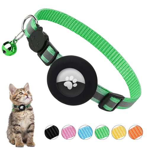 Ledeak Airtag Katzenhalsband mit Glocke, Reflektierend Katzenhalsband GPS AirTag Kompatibel, Katzen Halsband mit Airtag Hülle und Sicherheitsverschluss, Cat Collar für Kätzchen Katze (Hellgrün) von Ledeak