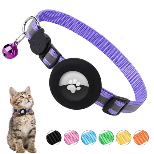 Ledeak Airtag Katzenhalsband mit Glocke, Reflektierend Katzenhalsband GPS AirTag Kompatibel, Katzen Halsband mit Airtag Hülle und Sicherheitsverschluss, Cat Collar für Kätzchen Katze (Hellviolett) von Ledeak