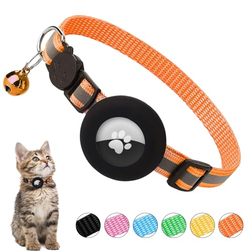 Ledeak Airtag Katzenhalsband mit Glocke, Reflektierend Katzenhalsband GPS AirTag Kompatibel, Katzen Halsband mit Airtag Hülle und Sicherheitsverschluss, Cat Collar für Kätzchen Katze (Orange) von Ledeak