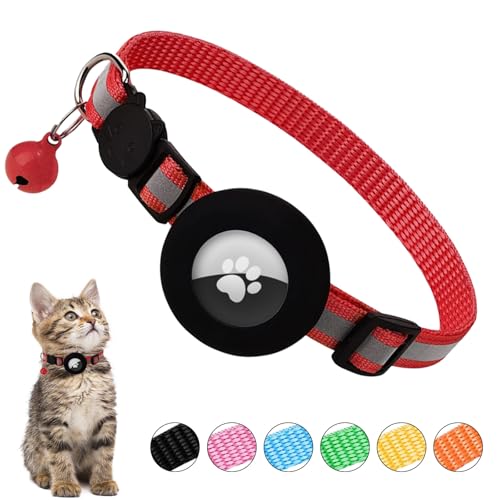 Ledeak Airtag Katzenhalsband mit Glocke, Reflektierend Katzenhalsband GPS AirTag Kompatibel, Katzen Halsband mit Airtag Hülle und Sicherheitsverschluss, Cat Collar für Kätzchen Katze (Rot) von Ledeak