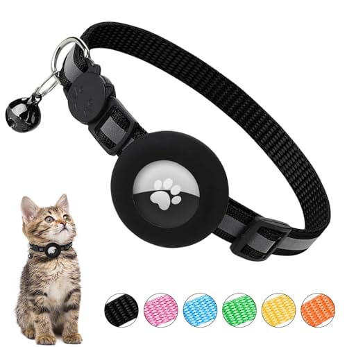 Ledeak Airtag Katzenhalsband mit Glocke, Reflektierend Katzenhalsband GPS AirTag Kompatibel, Katzen Halsband mit Airtag Hülle und Sicherheitsverschluss, Cat Collar für Kätzchen Katze (Schwarz) von Ledeak