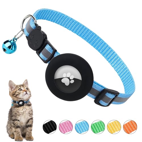 Ledeak Airtag Katzenhalsband mit Glocke, Reflektierend Katzenhalsband GPS AirTag Kompatibel, Katzen Halsband mit Airtag Hülle und Sicherheitsverschluss, Cat Collar für Kätzchen Katze (Seeblau) von Ledeak