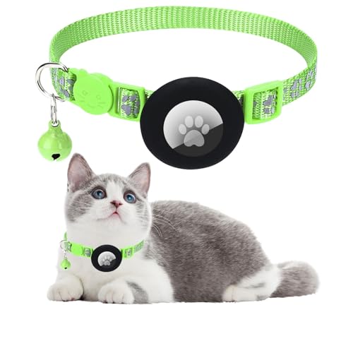 Ledeak Katzenhalsband mit Airtag Hülle, Reflektierend Verstellbar Airtag Halsband Katze, GPS Katzenhalsband mit Sicherheitsverschluss und Glöckchen, Cat Collar für Kätzchen, Katze (Grün) von Ledeak