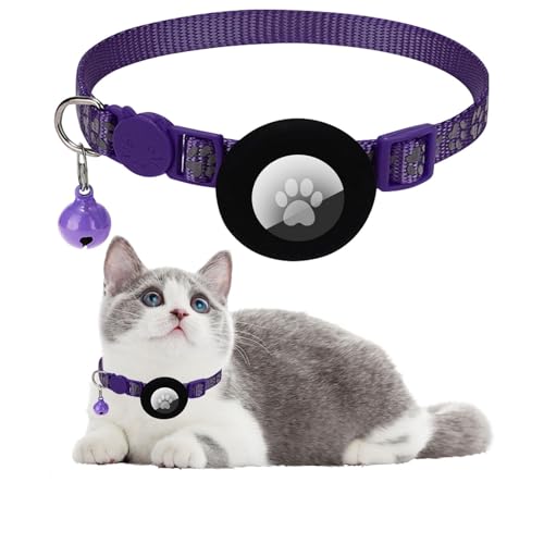 Ledeak Katzenhalsband mit Airtag Hülle, Reflektierend Verstellbar Airtag Halsband Katze, GPS Katzenhalsband mit Sicherheitsverschluss und Glöckchen, Cat Collar für Kätzchen, Katze (Lila) von Ledeak