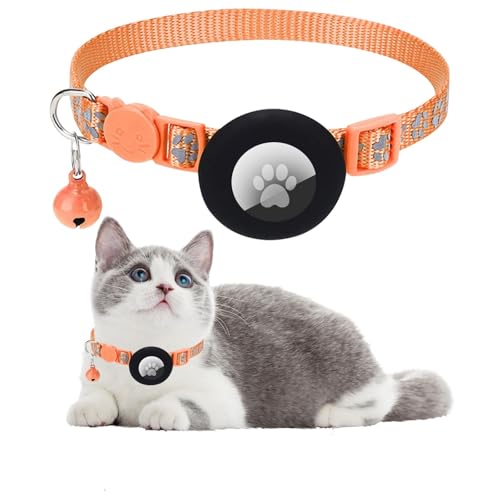 Ledeak Katzenhalsband mit Airtag Hülle, Reflektierend Verstellbar Airtag Halsband Katze, GPS Katzenhalsband mit Sicherheitsverschluss und Glöckchen, Cat Collar für Kätzchen, Katze (Orange) von Ledeak