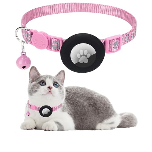 Ledeak Katzenhalsband mit Airtag Hülle, Reflektierend Verstellbar Airtag Halsband Katze, GPS Katzenhalsband mit Sicherheitsverschluss und Glöckchen, Cat Collar für Kätzchen, Katze (Rosa) von Ledeak