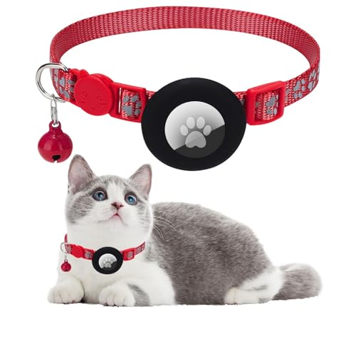 Ledeak Katzenhalsband mit Airtag Hülle, Reflektierend Verstellbar Airtag Halsband Katze, GPS Katzenhalsband mit Sicherheitsverschluss und Glöckchen, Cat Collar für Kätzchen, Katze (Rot) von Ledeak