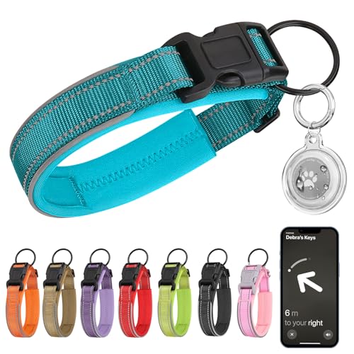 Ledeak Tactical Hundehalsband, Reflektierendes Hunde Halsband mit Hülle für Apple AirTag Anhänger, Verstellbares Welpenhalsband, Nylon Hundehalsband für Große Mittelgroße Kleine Hunde (Cyan, XL) von Ledeak