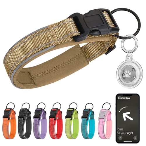 Ledeak Tactical Hundehalsband, Reflektierendes Hunde Halsband mit Hülle für Apple AirTag Anhänger, Verstellbares Welpenhalsband, Nylon Hundehalsband für Große Mittelgroße Kleine Hunde (Khaki, XL) von Ledeak