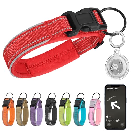 Ledeak Tactical Hundehalsband, Reflektierendes Hunde Halsband mit Hülle für Apple AirTag Anhänger, Verstellbares Welpenhalsband, Nylon Hundehalsband für Große Mittelgroße Kleine Hunde (Rot, L) von Ledeak