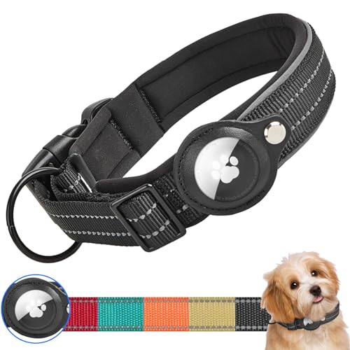 Ledeak Taktisches AirTag Hundehalsband, Wasserdicht Integriertes Apple AirTag Halter Reflektierendes Hunde Halsbänder, Gepolstertes Hundehalsband für Kleine, Mittlere und Große Hunde (Schwarz, S) von Ledeak