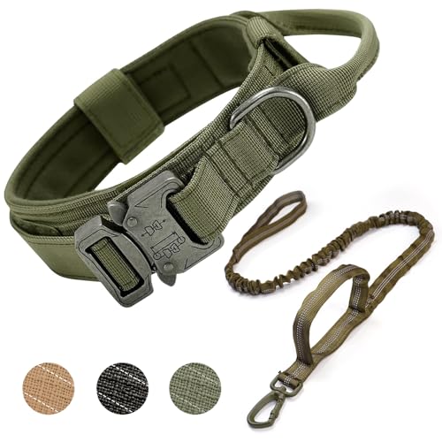 Ledeak Taktisches Hundehalsband, Verstellbares Militär-Hundehalsband mit Kommandogriff, Training Metallschnalle Nylon Verstellbar Hundehalsband für Hunde (L, Hundehalsband + Hundeleine Grün) von Ledeak