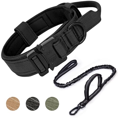 Ledeak Taktisches Hundehalsband, Verstellbares Militär-Hundehalsband mit Kommandogriff, Training Metallschnalle Nylon Verstellbar Hundehalsband für Hunde (L, Hundehalsband + Hundeleine Schwarz) von Ledeak