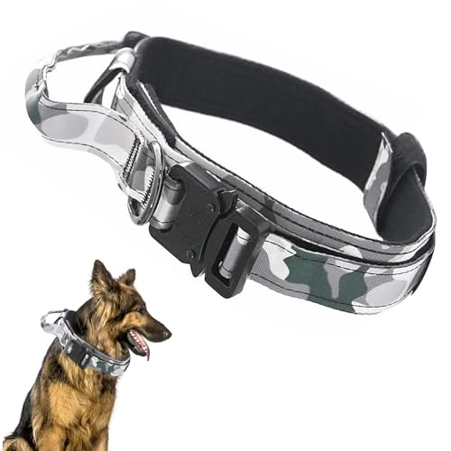 Ledeak Taktisches Hundehalsband, Verstellbares Militär-Hundehalsband mit Kommandogriff, Training Metallschnalle Nylon Verstellbar Hundehalsband für Hunde Training Freizeit Outdoor (L, Tarnweiß) von Ledeak