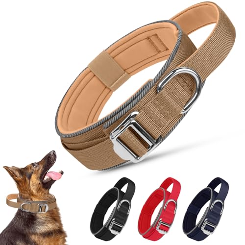 Ledeak Taktisches Hundehalsband, Weich Depolstert Atmungsaktives Hunde Halsband, Verstellbare Nylon Reflektierend Hundehalsband Mit tragbarer Metallschnalle für Mittel Große Hunde (Khaki, L) von Ledeak