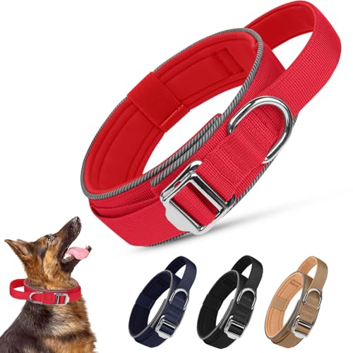 Ledeak Taktisches Hundehalsband, Weich Depolstert Atmungsaktives Hunde Halsband, Verstellbare Nylon Reflektierend Hundehalsband Mit tragbarer Metallschnalle für Mittel Große Hunde (Rot, L) von Ledeak