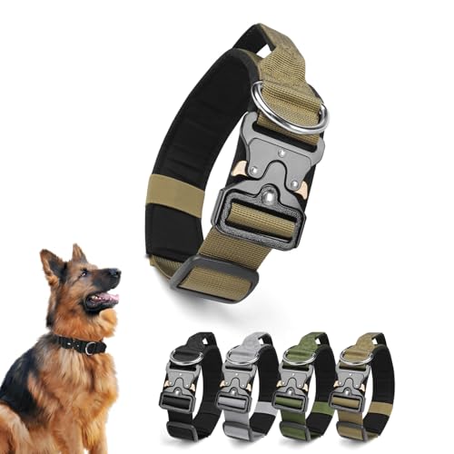 Ledeak Taktisches Hundehalsband mit Griff, Verstellbares Anti Zieh Breites Hunde Halsband Gepolstert, Dog Collar mit Metallschnalle erziehungshalsband für Mittlere Große Hunde (Khaki, L) von Ledeak