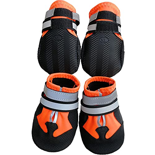 Leeko Hundeschuhe, 4er-Set wasserdichte Schneeschuhe pfotenschutz mit Anti-Rutsch Sohle, reflektierendem Riemen, Klettverschluss, Schuhe Hundeschnee Stiefel für Kleine Mittlere Große Hunde, Orange (M) von Leeko