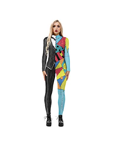 Leezeshaw Damen The Nightmare Before Christmas Halloween-Kostüm, Anzug, Halloween, 3D-Jack und Sally, Lycra-Einteiler, Bodysuit, Verkleidung für Damen, Größe S-XL von Leezeshaw