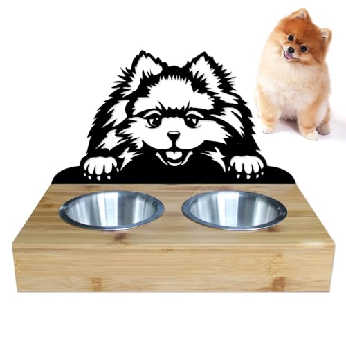 LEFEVRE PARIS • Schüsselhalter für Hunde und Katzen aus Metall und Holz. 2 Edelstahlschüsseln im Lieferumfang enthalten. Nahrung/Wasser. Länge 350 mm, Höhe 258 mm. Spitz von Lefevre Paris